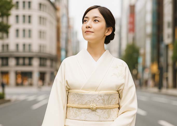 街並みに立つ女性の着物姿